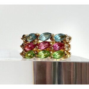 18k Gold HGE Multi Gemstone Triple Row Cocktail Vintage Ring - sz 6